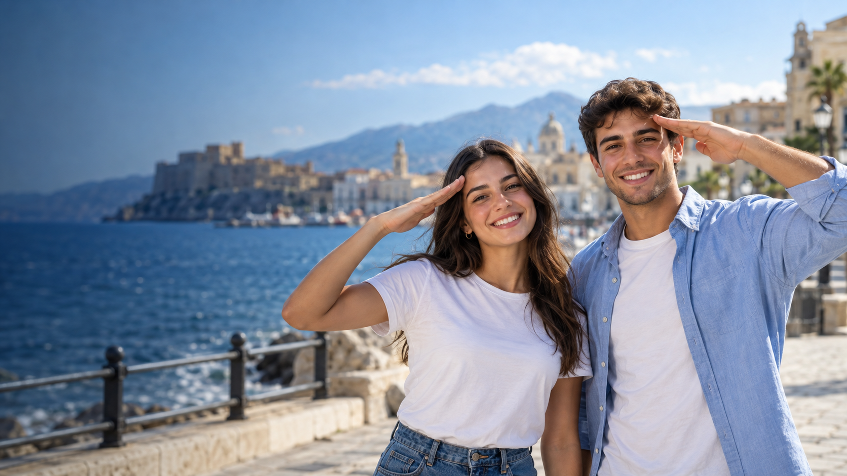 Immagine illustrativa generata con AI: due giovani in borghese sorridenti fanno il saluto militare